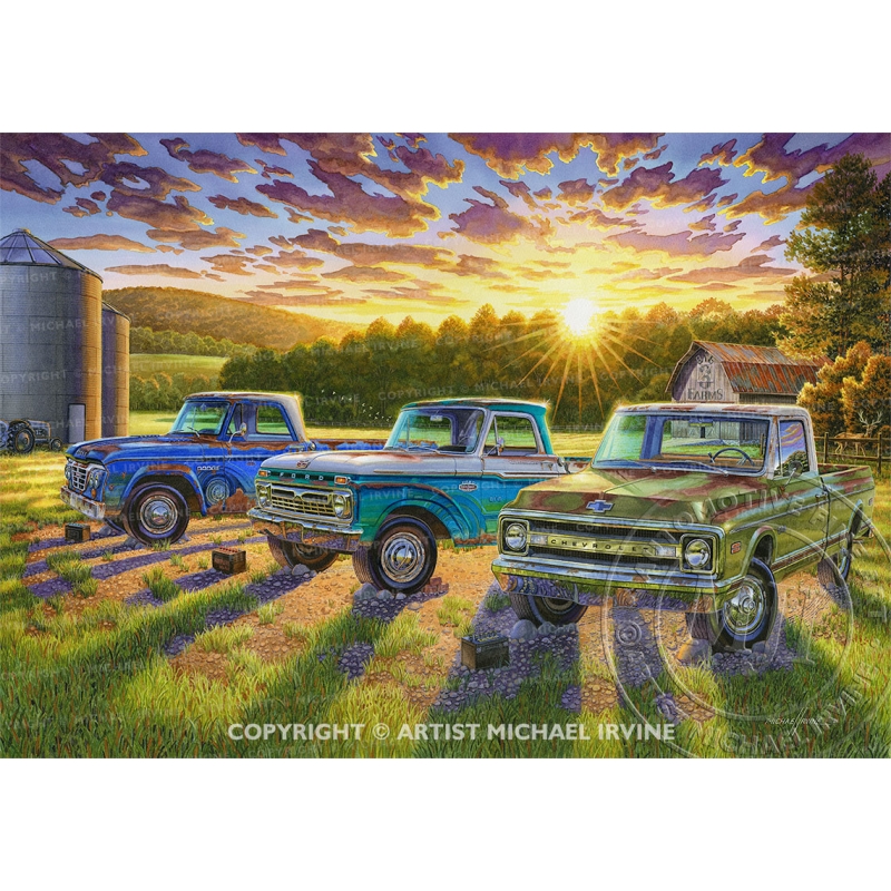 "Sunrise on the Big 3" painting featuring 1963 Dodge, 1966 Ford & 1969 Chevy trucks by automotive artist Michael Irvine