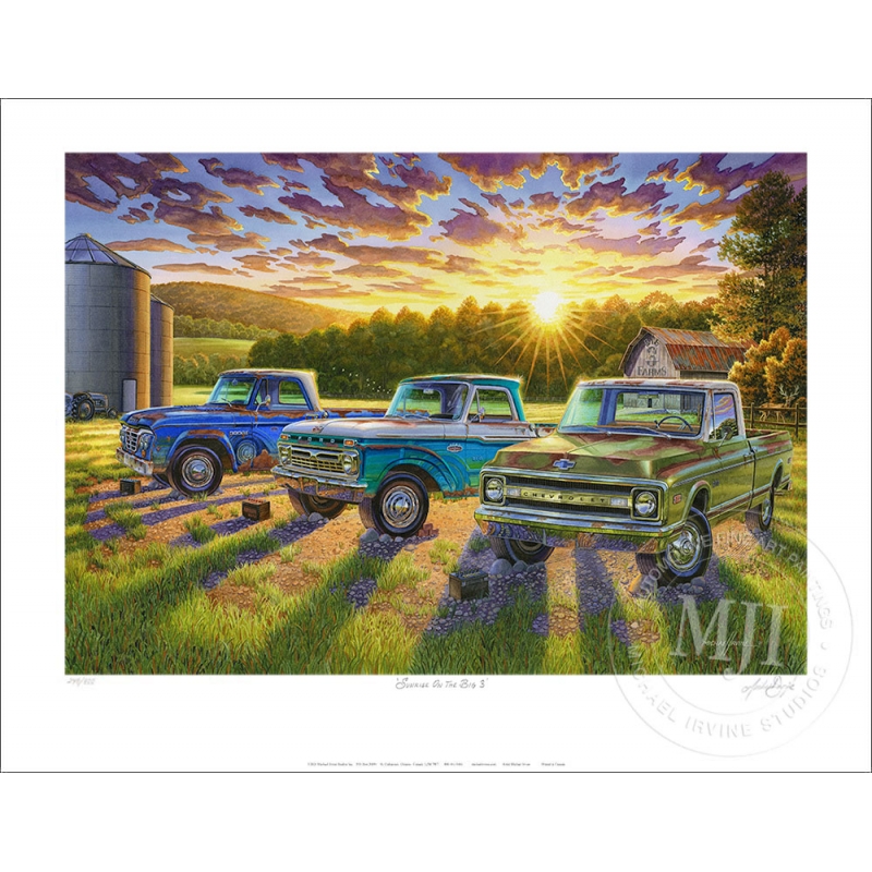 Limited Edition Print featuring the Big 3 Dodge, Ford and Chevy trucks signed/numbered by Artist Michael Irvine