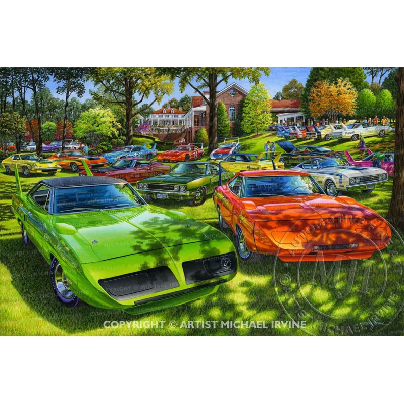 "Southern Hospitality" painting of 1969-70 Aero Car Reunion at Wellborn estate by automotive artist Michael Irvine