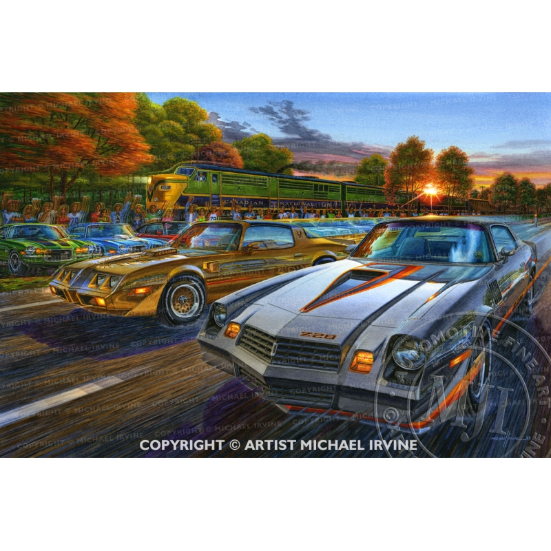 "F-BODY LOVES 'EM" painting featuring 1979 Camaro and Firebird by automotive artist Michael Irvine