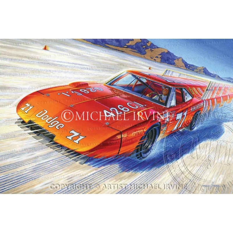 "World Record" painting featuring 1969 Dodge Daytona by automotive artist Michael Irvine