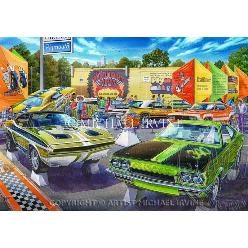 "The Caravan of Speed" painting featuring 'Plymouth's Rapid Transit System' by automotive artist Michael Irvine